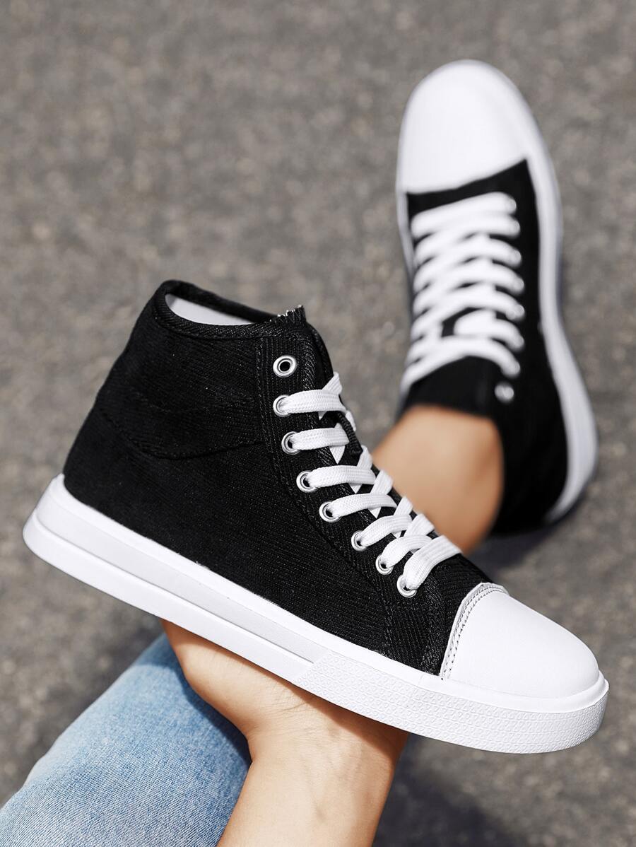 極簡風格高幫燈芯絨帆布鞋 - 黑色 - 查看 1