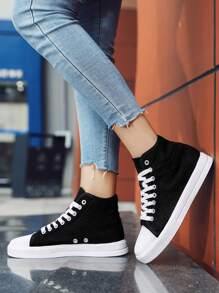 極簡風格高幫燈芯絨帆布鞋 - 黑色 - 查看 2