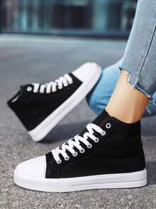 極簡風格高幫燈芯絨帆布鞋 - 黑色 - 查看 4