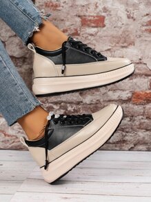 Two Tone Lace-up Front Wedge Sneakers - Black - View 1