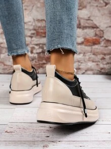 Two Tone Lace-up Front Wedge Sneakers - Black - View 3