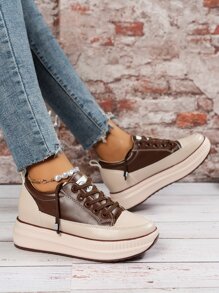 Two Tone Lace-up Front Wedge Sneakers - Brown - View 1