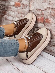 Two Tone Lace-up Front Wedge Sneakers - Brown - View 2