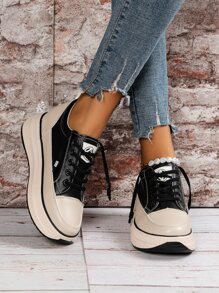 Two Tone Lace-up Front Wedge Sneakers - Black - View 5