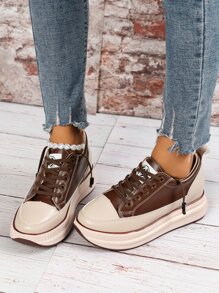 Two Tone Lace-up Front Wedge Sneakers - Brown - View 3