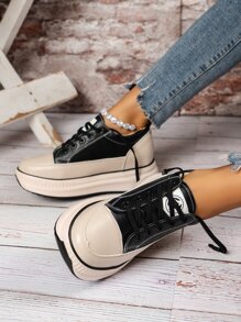 Two Tone Lace-up Front Wedge Sneakers - Black - View 6