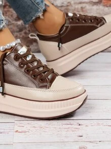 Two Tone Lace-up Front Wedge Sneakers - Brown - View 5