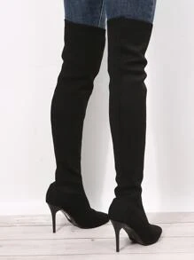 时尚纯色针织过膝高跟靴 - 黑色 - 查看 3