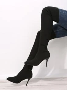 时尚纯色针织过膝高跟靴 - 黑色 - 查看 4