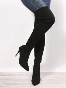 时尚纯色针织过膝高跟靴 - 黑色 - 查看 7