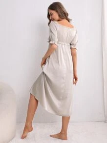 Váy ngủ & áo ngủ Nữ Tương phản ren viền lá sen Thắt nút màu trơn Thanh lịch - Màu be - Xem 2