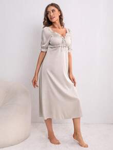 Váy ngủ & áo ngủ Nữ Tương phản ren viền lá sen Thắt nút màu trơn Thanh lịch - Màu be - Xem 3