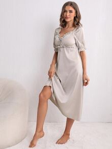 Váy ngủ & áo ngủ Nữ Tương phản ren viền lá sen Thắt nút màu trơn Thanh lịch - Màu be - Xem 4