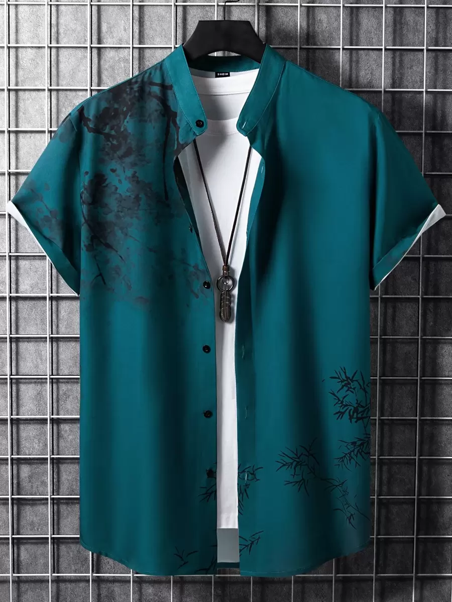 Manfinity RSRT Men Plants Print Button Up Shirt Without Tee - Dark Green - View 1