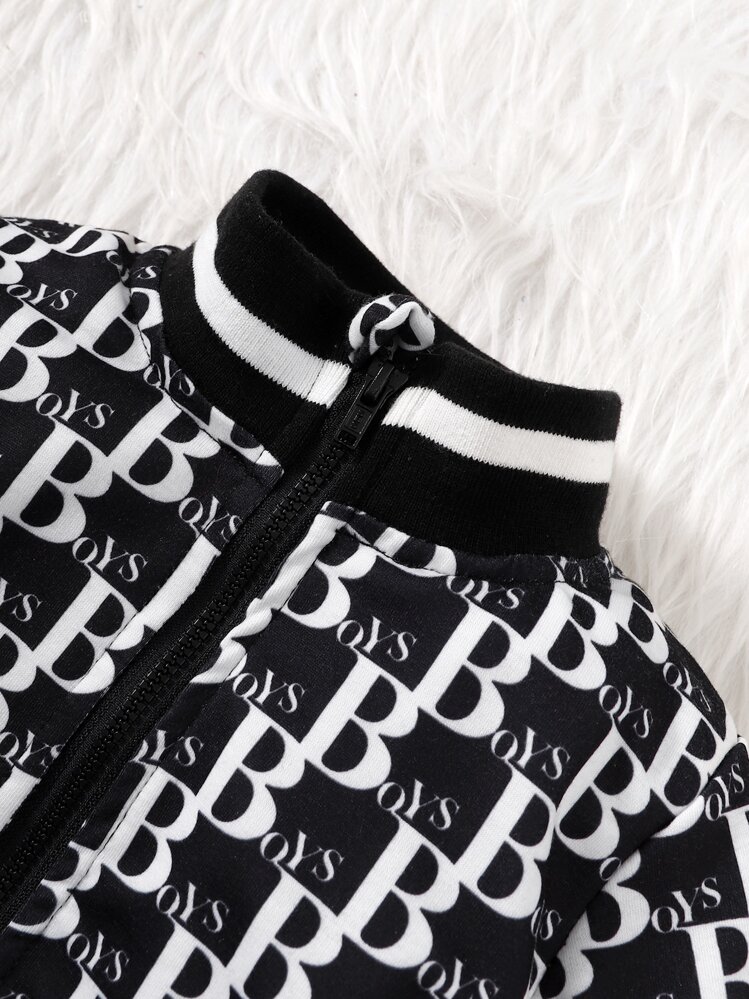 SHEIN Playful Pals 男嬰滿版字母圖案條紋飾邊夾克和運動褲 - 黑與白 - 查看 4