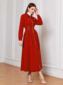 Modelyn Lace Up Front Flap Detail Zip Up Dress - Red - View 1