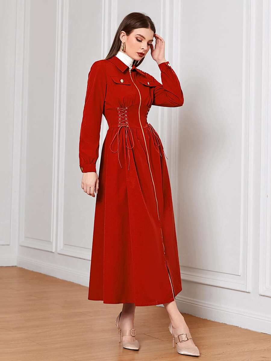 Modelyn Lace Up Front Flap Detail Zip Up Dress - Red - View 1