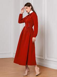 Modelyn Lace Up Front Flap Detail Zip Up Dress - Red - View 3