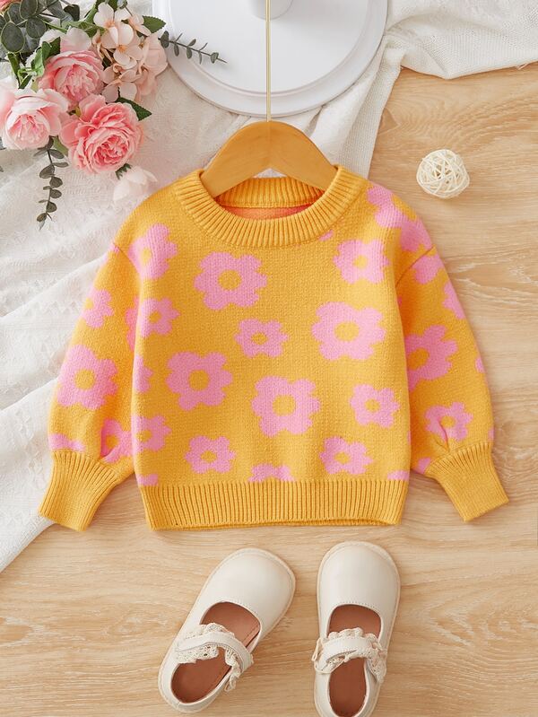 Baby Floral Pattern Drop Shoulder Sweater