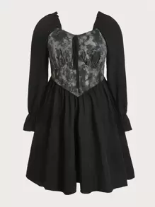 Plus Floral Print Flounce Sleeve Dress - Black - View 1