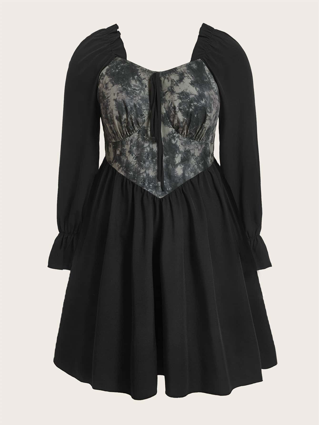 Plus Floral Print Flounce Sleeve Dress - Black - View 1