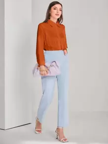 Modelyn Solid Button Front Fringe Trim Shirt Fall Cloth For Women - Brown - View 3