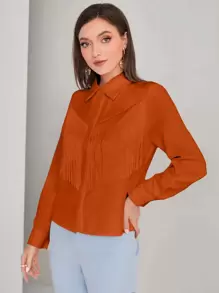 Modelyn Solid Button Front Fringe Trim Shirt Fall Cloth For Women - Brown - View 4