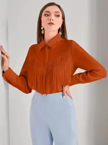 Modelyn Solid Button Front Fringe Trim Shirt Fall Cloth For Women - Brown - View 5