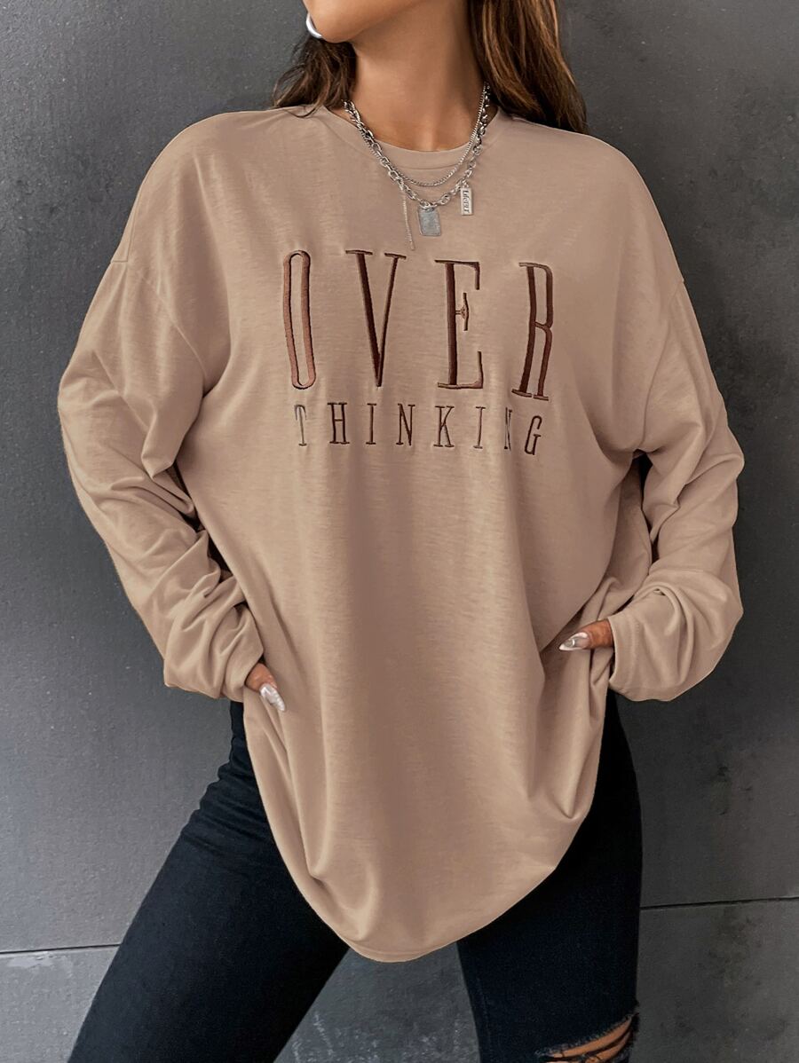 Flirla Letter Embroidery Drop Shoulder Tee Graphic Tees Women Tops - Brown - View 1