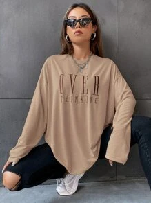 Flirla Letter Embroidery Drop Shoulder Tee Graphic Tees Women Tops - Brown - View 6