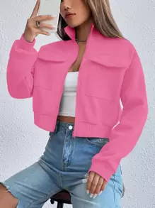 SHEIN Unity Flap Pocket Drop Shoulder Zip Up Crop Sweatshirt - Pink - View 1