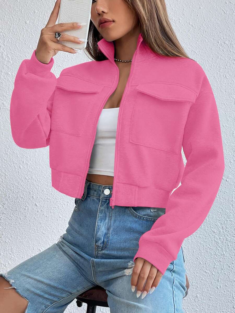 SHEIN Unity Flap Pocket Drop Shoulder Zip Up Crop Sweatshirt - Pink - View 1