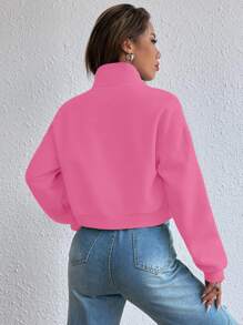 SHEIN Unity Flap Pocket Drop Shoulder Zip Up Crop Sweatshirt - Pink - View 2