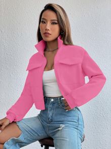 SHEIN Unity Flap Pocket Drop Shoulder Zip Up Crop Sweatshirt - Pink - View 5