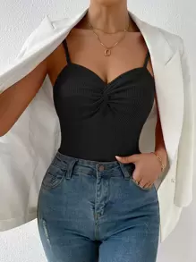 Chiquease 1 pieza Top de tirantes corto girante delantero tejido de canalé - Negro - Ver 3