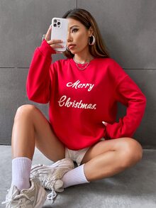 SHEIN Unity Christmas Slogan Graphic Drop Shoulder Sweatshirt - Red - View 2
