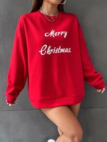 SHEIN Unity Christmas Slogan Graphic Drop Shoulder Sweatshirt - Red - View 4