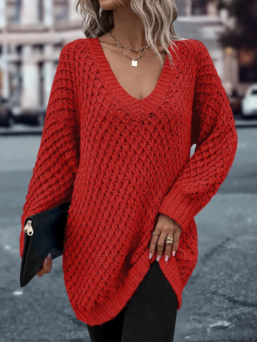 SHEIN LUNE V Neck Drop Shoulder Jumper - Red - View 1