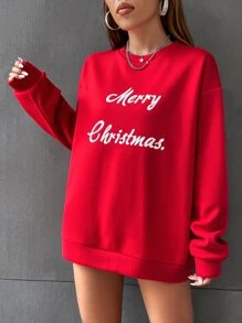 SHEIN Unity Christmas Slogan Graphic Drop Shoulder Sweatshirt - Red - View 6