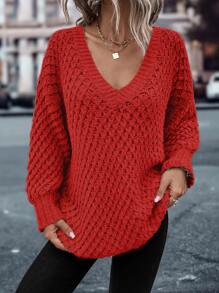 SHEIN LUNE V Neck Drop Shoulder Jumper - Red - View 3