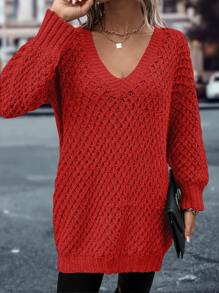 SHEIN LUNE V Neck Drop Shoulder Jumper - Red - View 5