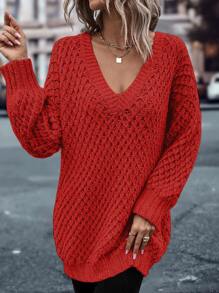 SHEIN LUNE V Neck Drop Shoulder Jumper - Red - View 6