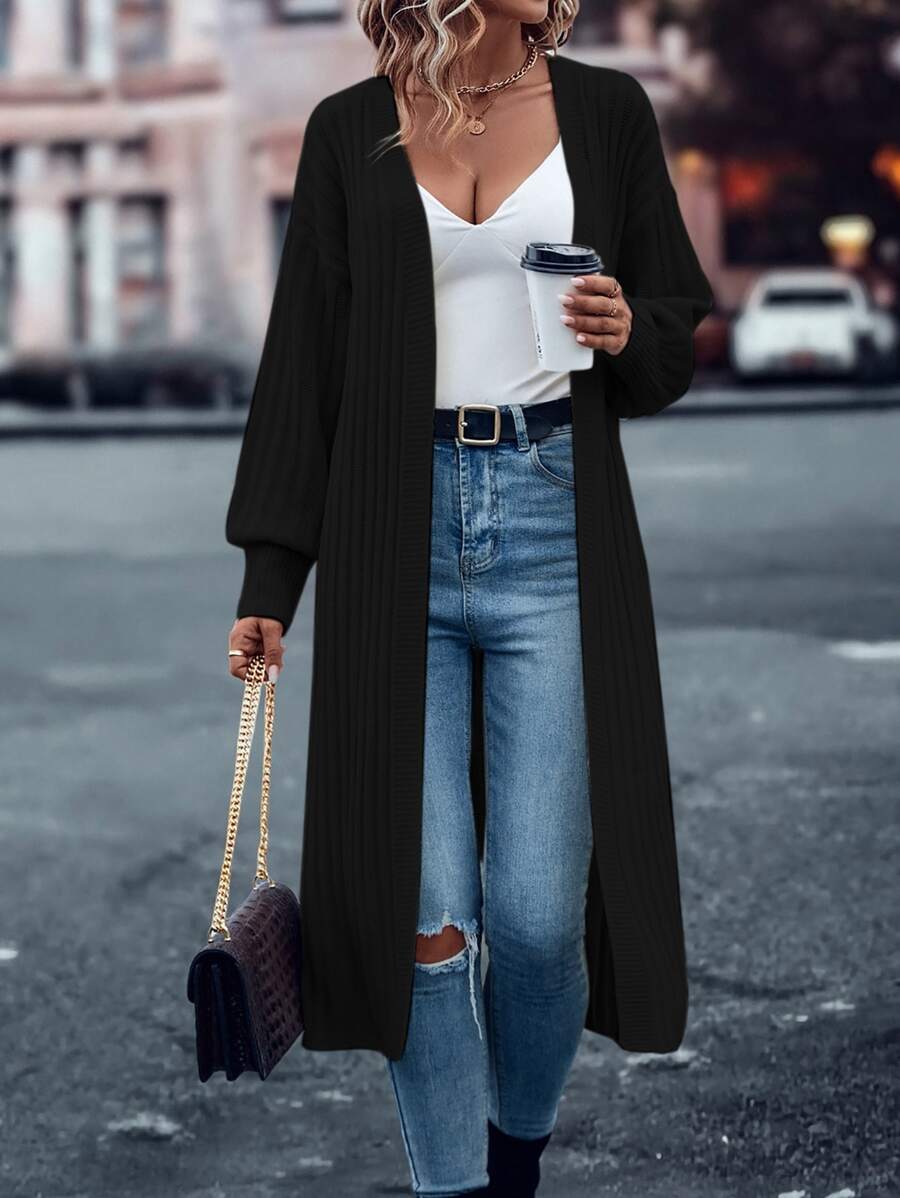 SHEIN LUNE Drop Shoulder Duster Cardigan,Long Sleeve Tops - Black - View 1