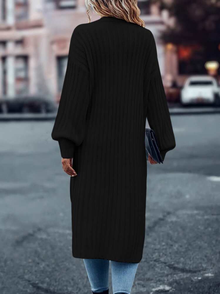 SHEIN LUNE Drop Shoulder Duster Cardigan,Long Sleeve Tops - Black - View 2