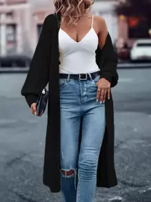 SHEIN LUNE Drop Shoulder Duster Cardigan,Long Sleeve Tops - Black - View 5