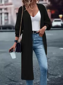 SHEIN LUNE Drop Shoulder Duster Cardigan,Long Sleeve Tops - Black - View 6