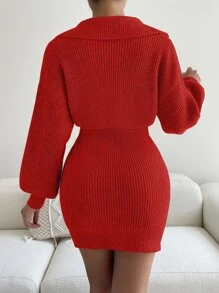 SHEIN Clasi Ribbed Knit Drop Shoulder Jumper Dress - Red - View 2