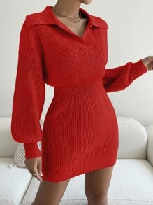SHEIN Clasi Ribbed Knit Drop Shoulder Jumper Dress - Red - View 4