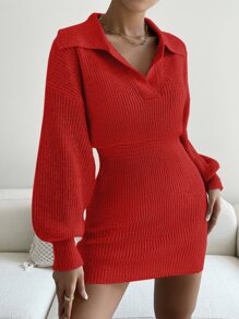 SHEIN Clasi Ribbed Knit Drop Shoulder Jumper Dress - Red - View 5