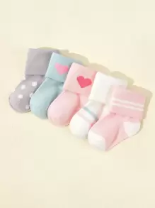 5双婴儿/幼儿爱心图案翻边袜 - 彩色 - 查看 1